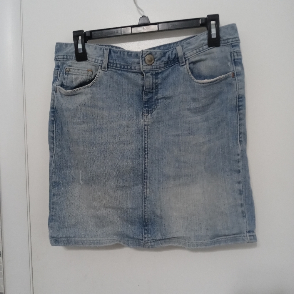Tommy Hilfiger Distressed Denim Stretch  Zip Button up Mini Skirt w Pockets sz 6